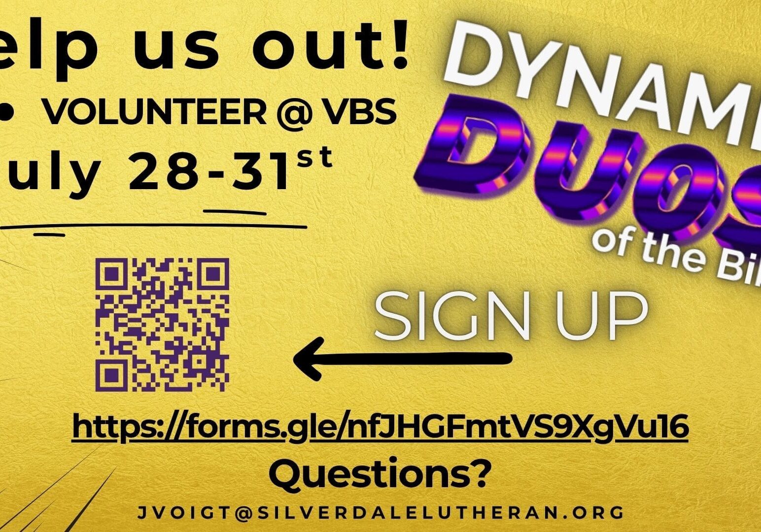 VBS volunteer sign-up poster with QR code