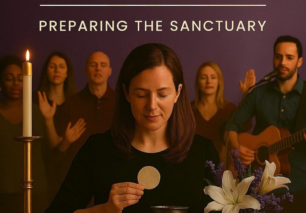 Woman preparing altar with communion elements.