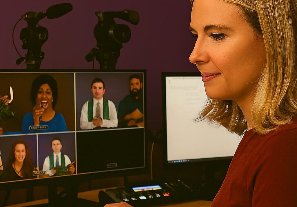 Woman at computer with virtual team meeting.