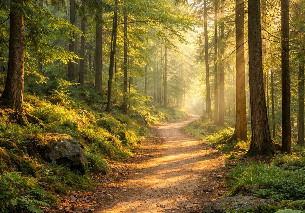 Sunlit forest path at golden hour