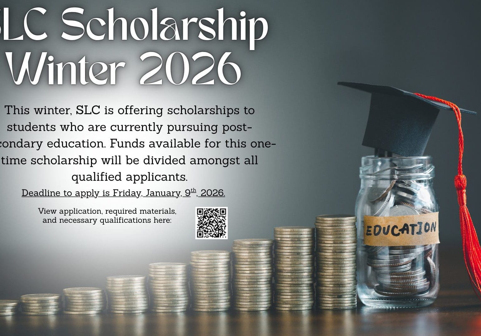 Scholarship announcement with coins and graduation cap.