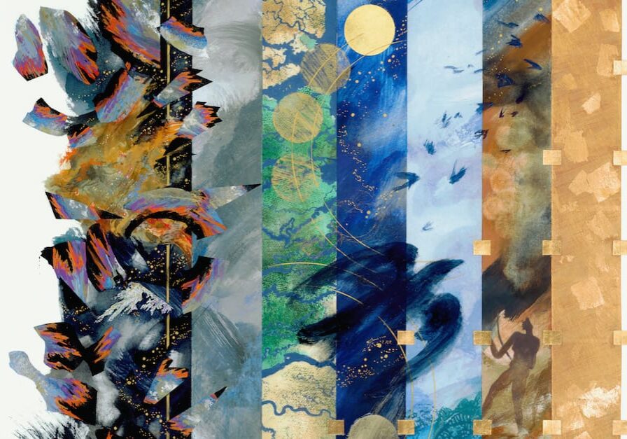 Abstract vertical panels with birds and gold