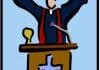 Preacher at podium with arms raised.