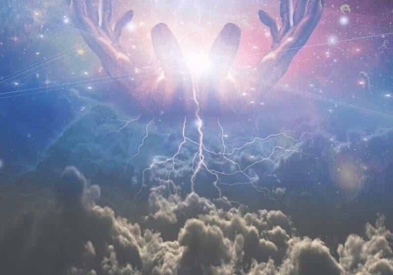 Cosmic hands rising above clouds with lightning